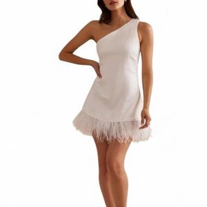 Birdy Grey White One-Shoulder Dress with Feather Hem